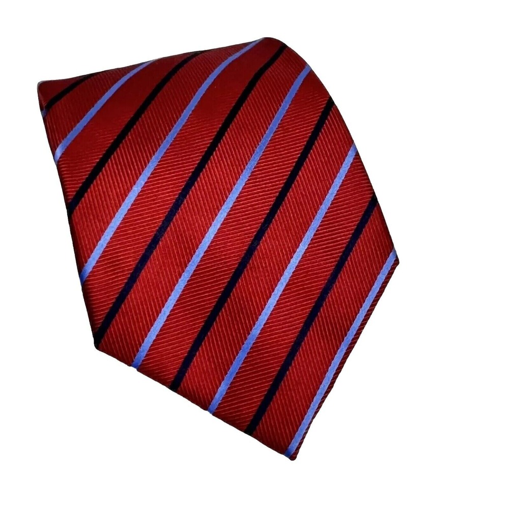 Tasso Elba Mens‎ Woven Red Silk Tie Blue White Repp Striped Classic Self-Tipped
